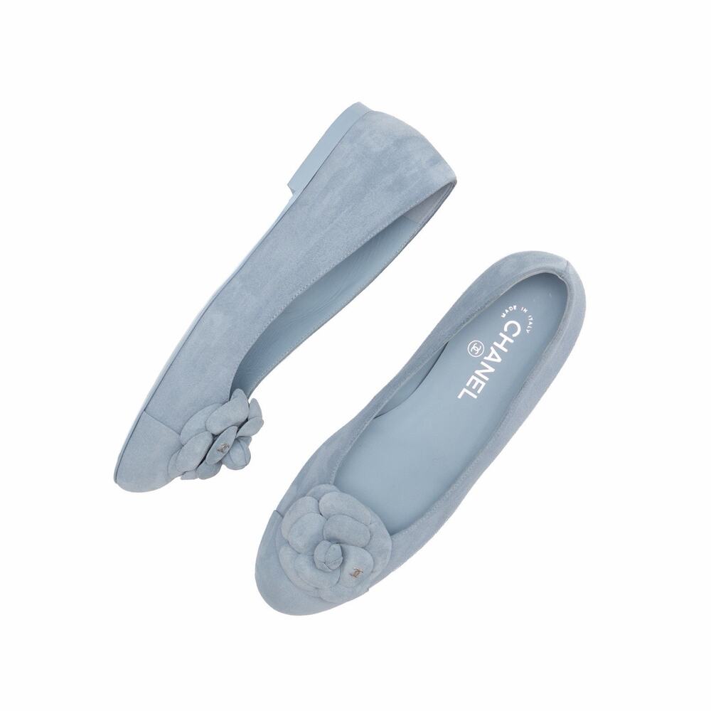 CHANEL 24P Suede Interlocking CC Camellia Cap Ballet Flats Blue Size 39 US 9 - Picture 4 of 16